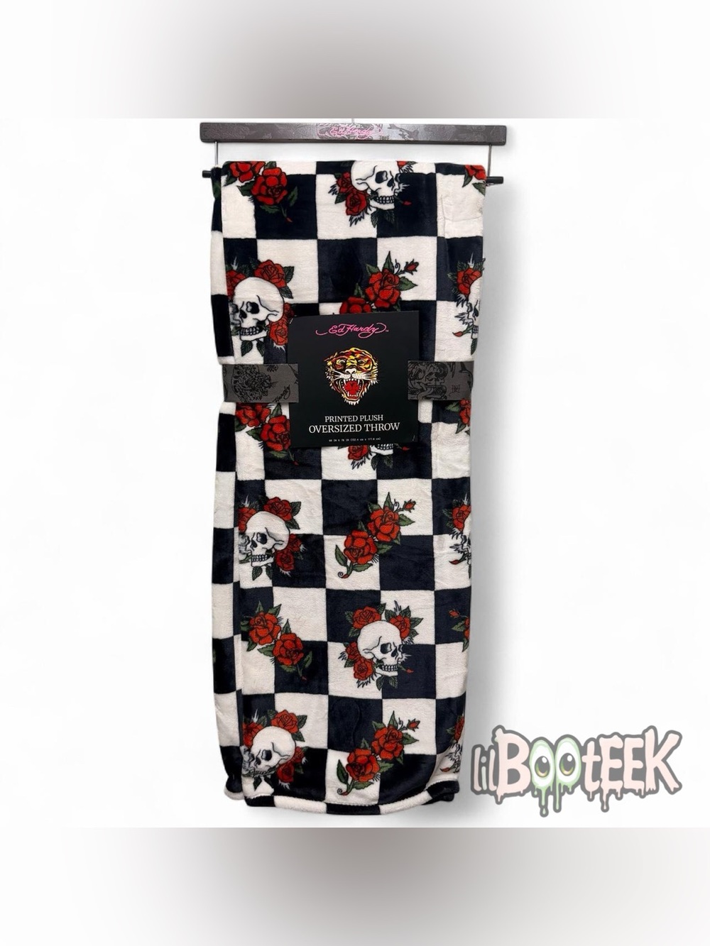 Ed Hardy Black & White Checkered Skull Rose Plush Oversized Throw Blanket